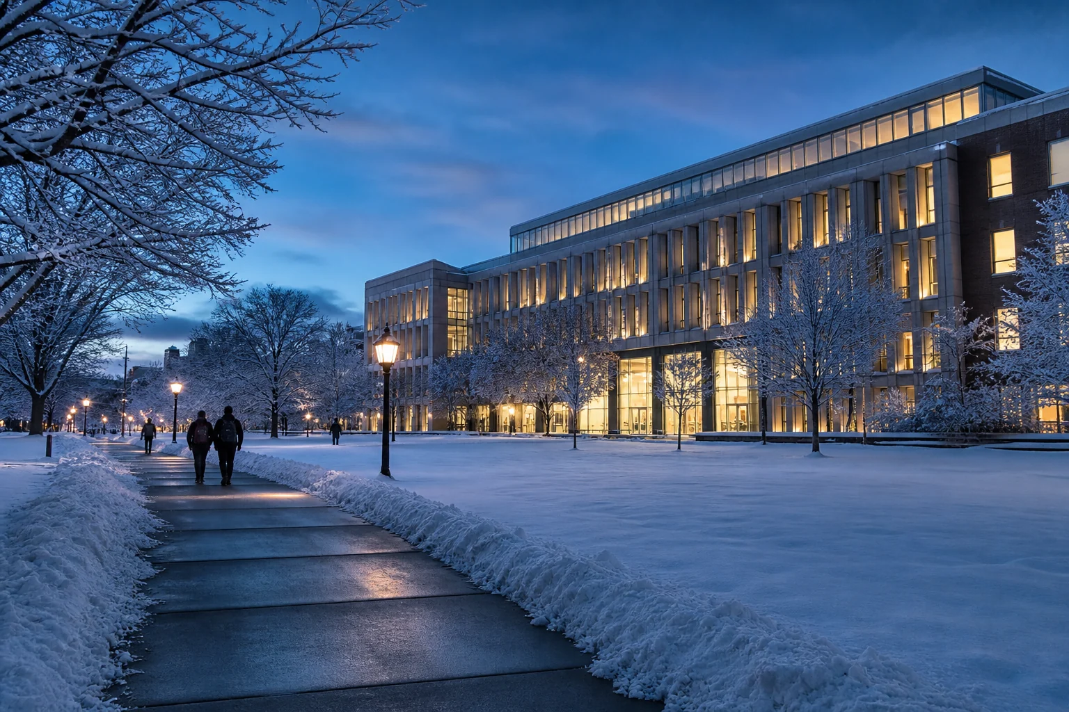 Snow-covered university campus and cleared walkway at blue-hour dawn.