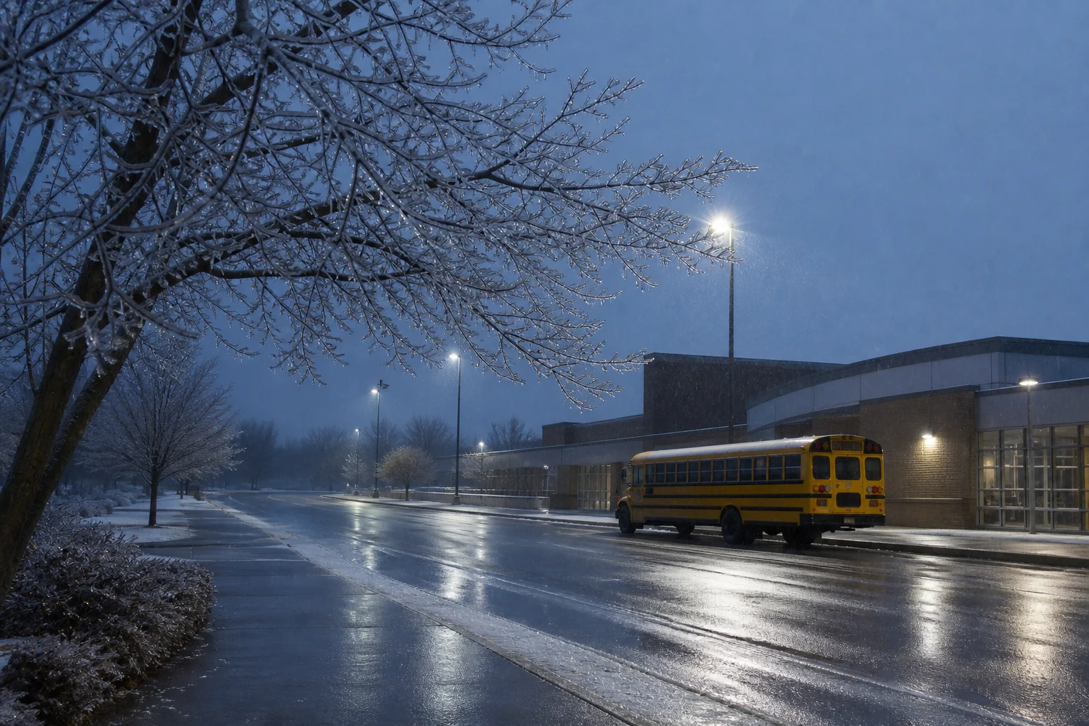 School bus parked outside a school while freezing rain glazes an empty road and tree branches.